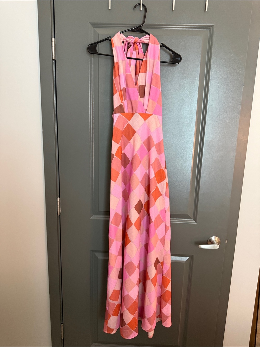 Pink Multi-Color Block Halter Maxi Dress